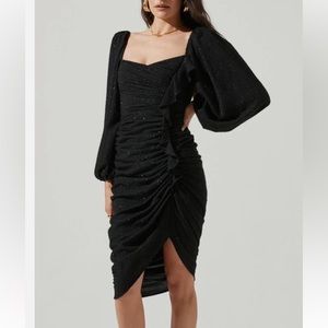 ASTR The Label Athens Ruched Puff Sleeve Shimmer Midi Dress